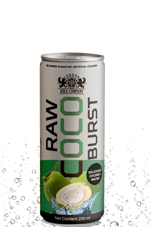 Raw Coco Burst 250ml can of delicious coconut water by London Juice Company with no added sugar or artificial colors.
